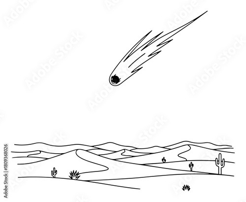 Meteor Falling over Desert Landscape Line Art Vector