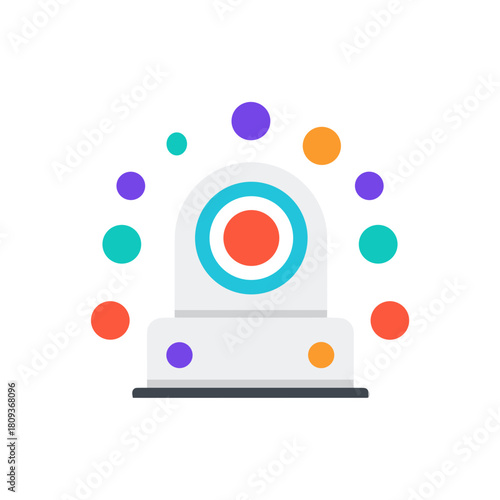 Stylized colorful centrifuge illustration with circular target-like rotor and floating dots