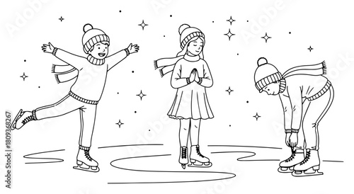Children Ice Skating in Winter Snow Outline Vector Illustration
