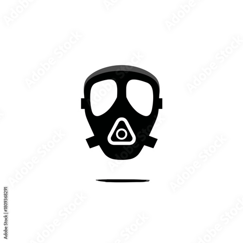 A minimal black gas mask icon with large eye openings and triangular filter area