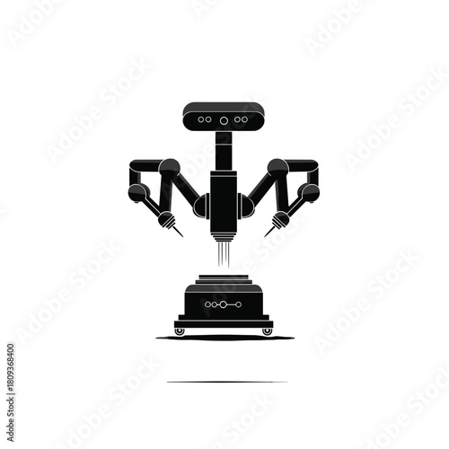A compact black and white surgical robot with articulated arms designed for precision procedures