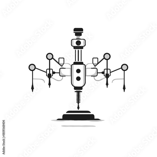 A black and white illustration of a multi-arm surgical robot used in precision operations