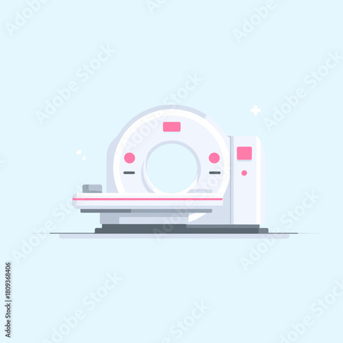 Soft pastel CT scanner illustration with gentle lighting and minimal shapes in a clean medical style