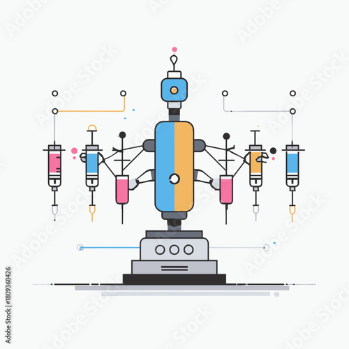A colorful robotic system with multiple syringe arms in a schematic medical illustration style