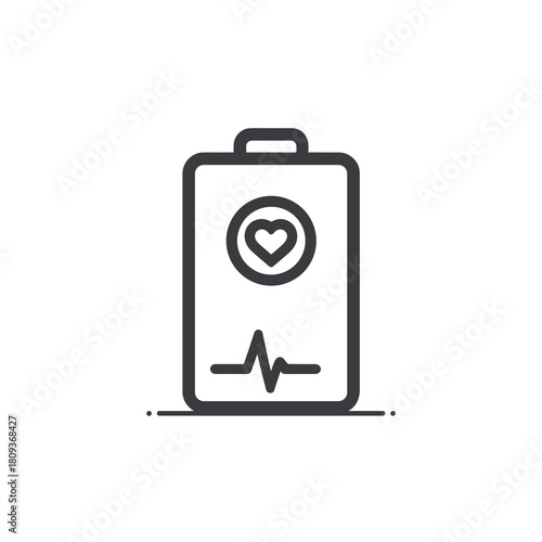 A simple black defibrillator icon with a heart symbol and heartbeat line on a white background