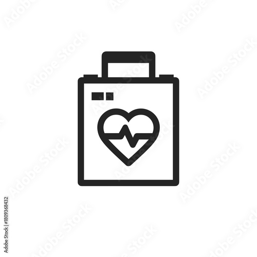 A simple black and white defibrillator icon with a heart and pulse line on a clean white background