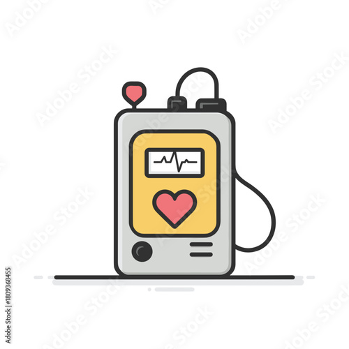 Colorful defibrillator device with heart symbol and ECG display on a simple white background