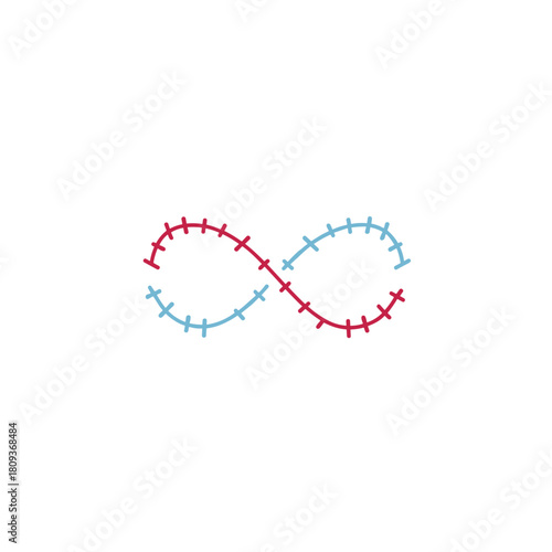 Infinity-shaped stitched medical thread in red and blue on a white background