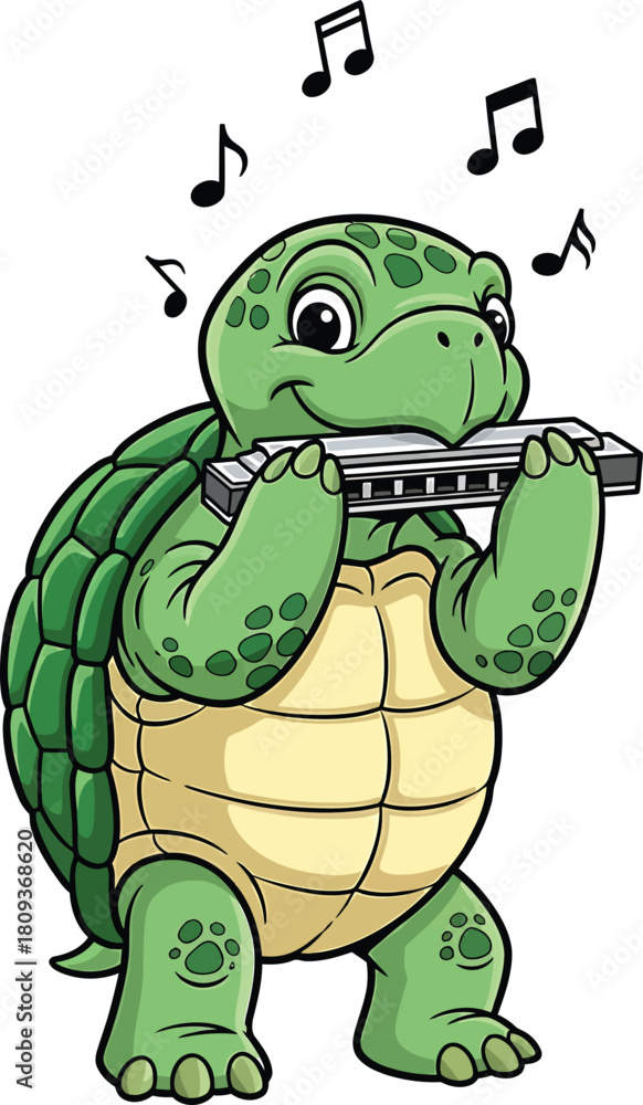 Fototapeta premium Cheerful Cartoon Turtle Playing Harmonica with Music Notes
