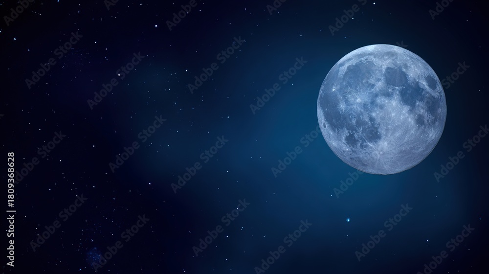 Fototapeta premium telephoto. Super moon in crisp detail against a deep blue night sky with visible lunar craters. STEM education sheets, lab safety posters, designed for STEM education and laboratory safety posters.