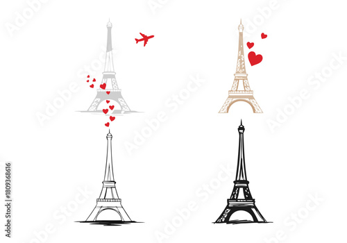 Romantic Parisian Eiffel Tower Vector Illustrations A Collection of Love, Travel, and Iconic Landmark Designs