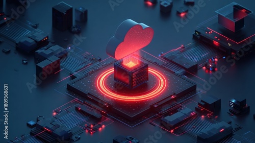 Futuristic Technology Core with Glowing Red Energy and Circuitry.