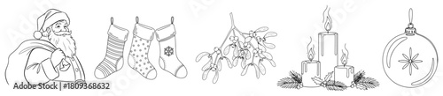 Santa Stockings Mistletoe and Candle Christmas Outline Illustration