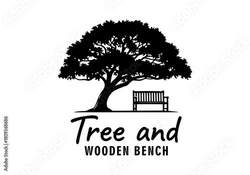 Tranquil park setting illustration featuring a grand tree and an inviting wooden bench silhouette design concept