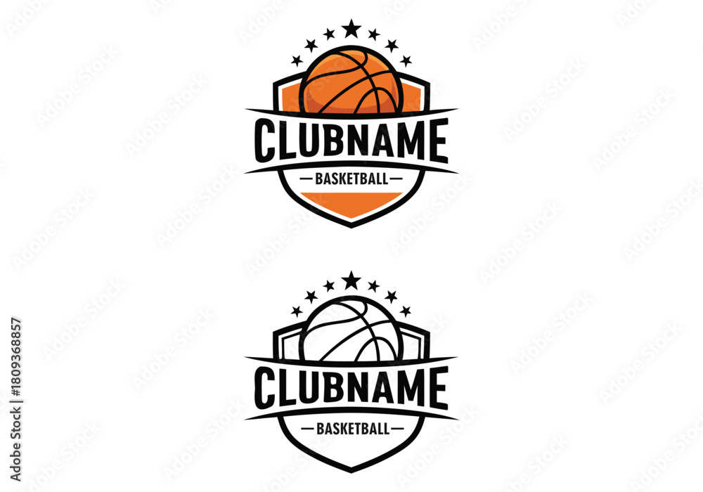 Obraz premium Dynamic basketball club team logo design template with shield and stars, perfect for branding and sports identity, scalable vector graphic