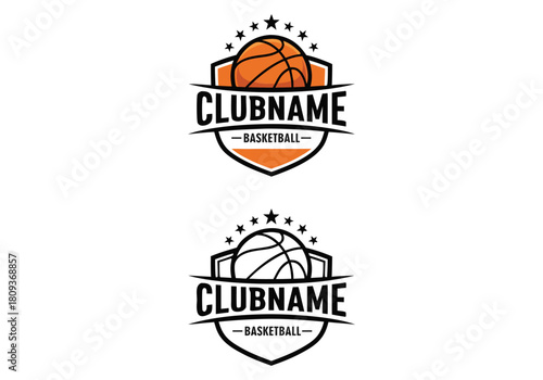 Dynamic basketball club team logo design template with shield and stars, perfect for branding and sports identity, scalable vector graphic