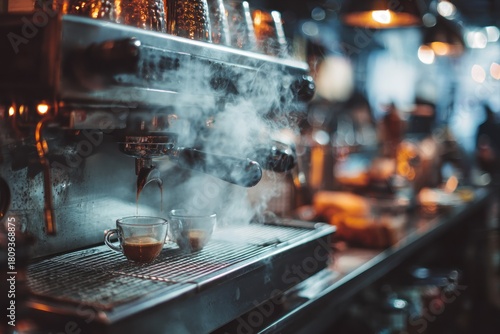 Espresso Machine Steaming in a Busy Cafe.