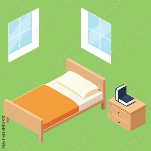 Vector isometric tidy bedroom design with comfortable bed and wooden nightstand