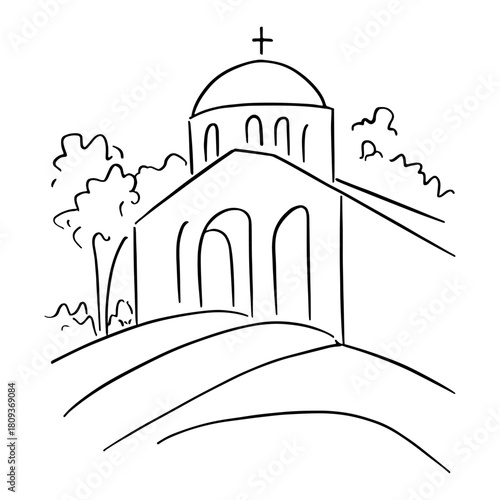 Christian Church on Hill Landscape Line Art