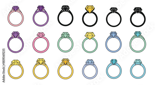 A colorful collection of engagement rings in various styles and gem colors