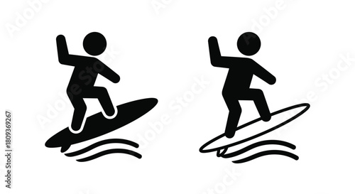 Two stick figures surfing on ocean waves a simple black and white illustration