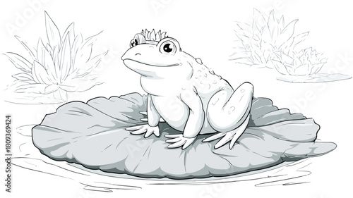 Enchanting Princess Frog Sitting on Lotus Leaf in Tranquil Pond