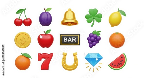 Collection of 3 D rendered slot machine symbols including fruits bell diamond horseshoe and bar