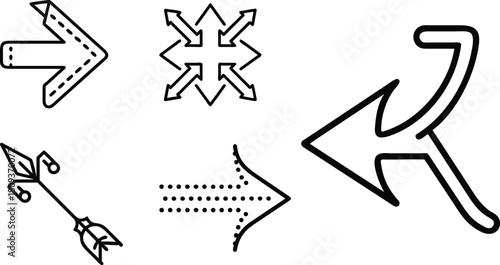A set of five distinct, hand-drawn arrow and directional symbols in a black and white sketch style.