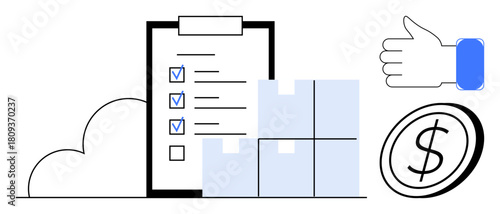 Clipboard with checklist, stacked boxes, thumbs-up, coin, and cloud imagery. Ideal for logistics, supply chain, shipping product management finance teamwork productivity. Simple flat metaphor