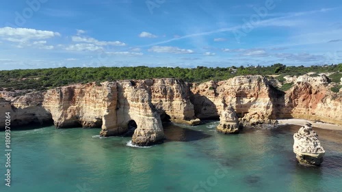 Aerial from the famous beach Praia da Marinha on the southcoast in the Algarve Portugal
