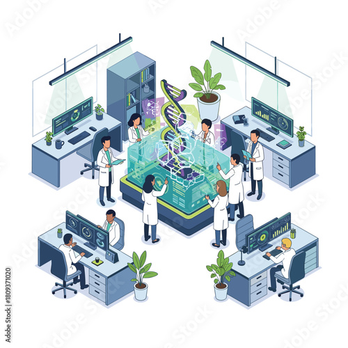 Scientists Collaborating on DNA Research in Modern Lab, Isometric View. Team of Researchers Analyzing Data and Discussing Innovative Genetic Technologies for Future Medical Breakthroughs.