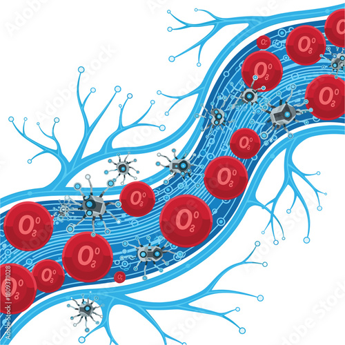 Medical Nanobots Delivering Oxygen: Futuristic Healthcare Concept with Red Blood Cells in Blue Artery, Illustrative Vector Design for Medical Innovation, and Nanotechnology Applications in Medicine