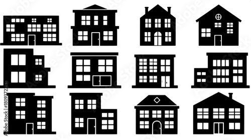 "A set of nine bold architectural graphic icons, each a unique structure rendered in black with white window accents, displayed in a balanced grid on a bright white background, modern and simplistic."