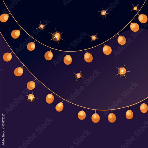 Warm glowing string lights hanging across a dark night sky, soft golden illumination, festive and cozy atmosphere, vector style.