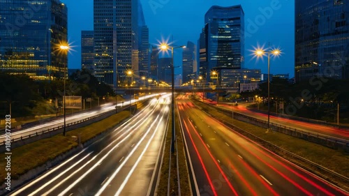 Cityscape at night featuring blurred car lights on a highway with tall buildings behind