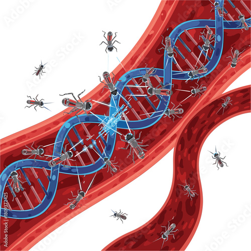 Nanobots Targeting DNA in Bloodstream: Medical Technology, Healthcare Innovation, and Gene Therapy Concepts for Disease Treatment, Genetic Engineering, and Advanced Medical Research Visualization.
