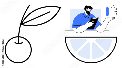 Cherry with leaves, citrus slice, and person giving a thumbs-up while writing. Ideal for teamwork, communication, positivity, productivity, wellness business creative thinking. Simple flat metaphor