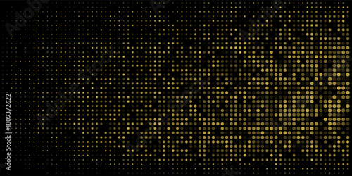 Abstract luxury banner with golden glittering dots on black background. Sparkling glitter bottom border, vector frame. Halftone effect. Magical gold dust. Pop art style backdrop.