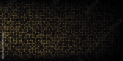 Abstract luxury banner with golden glittering dots on black background. Sparkling glitter bottom border, vector frame. Halftone effect. Magical gold dust. Pop art style backdrop.