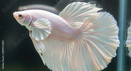 Captivating Close-Up of a Majestic White Betta Fish with Flowing Fins and a Delicate, Translucent Quality in an Aquarium Setting.