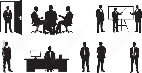 Comprehensive Vector Silhouette Set of Business Men in Professional Settings, Including Board Meetings, Office Presentations, Working at a Desk, and Standing Executives, Corporate Activities Graphics.