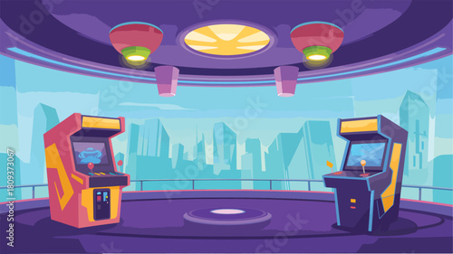 Retro arcade machines in futuristic city view room
