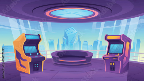 Futuristic arcade room with city view and gaming machines