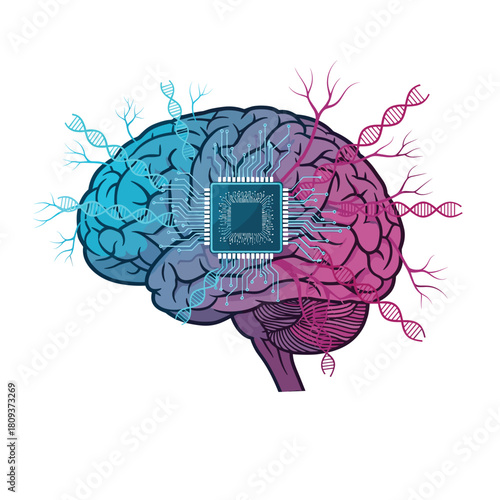 Brain-Computer Interface: Conceptual Illustration of Human Brain with DNA, Neurons, and Microchip for Artificial Intelligence and Technological Enhancement in Biotech and Healthcare Industries.