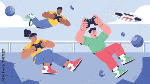 Three people playing video games floating in a blue abstract space