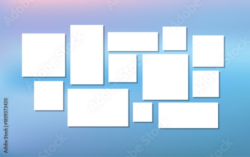 Wide, horizontal photo collage. Geometric grid for arranging numerous images in a mood board, photo gallery. Decorative vector template frame. Scrapbook design concept. Inset your picture. 