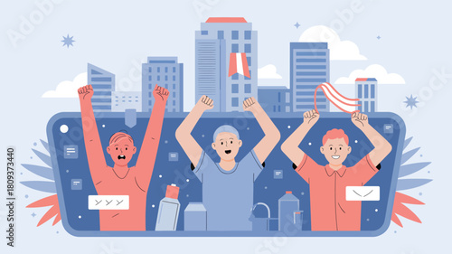 Three cheering people in a smartphone screen with city skyline