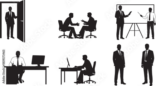 Businessmen Silhouette Vector Set Showing Various Office Activities, Including Meetings, Presentations, Working at a Desk, Entering a Room, and Standing Corporate Professional Figures.