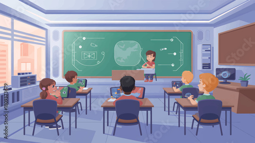 Children learning in a modern classroom with digital devices