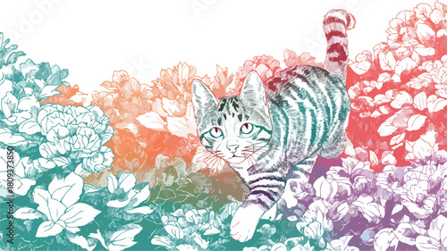 Happy Cat Playing in Colorful Garden Vector Illustration